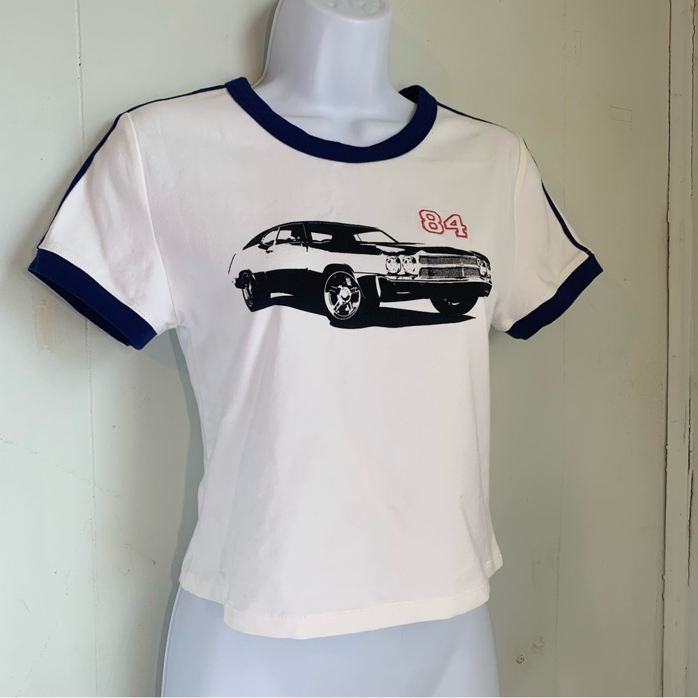 Forever 21 white and navy blue graphic womens’ baby tee t-shirt